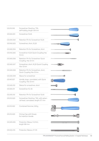 03.010.518 Screwdriver Stardrive, T25,
self-holding, length 319 mm
03.045.001 Screwdriver XL25
03.045.002 Retention Pin for Screwdriver XL25
03.045.003 Screwdriver, short, XL25
03.045.004 Retention Pin for Screwdriver, short
03.045.005 Screwdriver XL25 Quick Coupling Hex
12mm
03.045.006 Retention Pin for Screwdriver Quick
Coupling, Hex 12mm
03.045.007 Screwdriver, short, XL25 Quick Coupling
Hex 12mm
03.045.008 Retention Pin for Screwdriver, short,
Quick Coupling Hex 12mm
03.045.009 Sleeve for screwdriver
03.140.027 Handle, large, cannulated, with Quick
Coupling, Hex 12mm
03.045.010 Sleeve for screwdriver, short
03.045.011 Screwdriver XL 40
03.045.012 Retention PIn for Screwdriver XL40
03.010.520 	
Screwdriver Stardrive, T40, with spheri-
cal head, cannulated, length 277 mm
03.010.522 Combined Hammer, 500g
03.010.523 	
Driving Cap with thread,
for Insertion Handle
03.025.040 Protection Sleeve,11.0/8.0,
length188 mm
03.045.019 Protection Sleeve, B 11/8
85
TFN-ADVANCED™ Proximal Femoral Nailing System • Surgical Technique
 