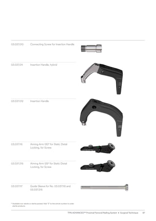 * 
Available non-sterile or sterile packed. Add “S” to the article number to order
sterile products.
03.037.010 Connecting Screw for Insertion Handle
03.037.011 Insertion Handle, hybrid
03.037.012 Insertion Handle
03.037.115	
Aiming Arm 130° for Static Distal
­
Locking, for Screw
03.037.215 Aiming Arm 125° for Static Distal
Locking, for Screw
03.037.117 Guide Sleeve for No. 03.037.115 and
03.037.215
87
TFN-ADVANCED™ Proximal Femoral Nailing System • Surgical Technique
 