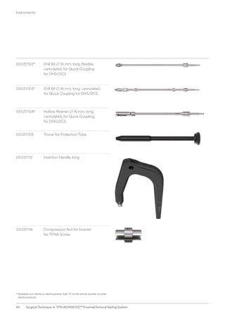 03.037.102*	Drill Bit B 16 mm, long, flexible,
cannulated, for Quick Coupling
for DHS/DCS
03.037.103* Drill Bit B 16 mm, long, cannulated,
for Quick Coupling for DHS/DCS
03.037.104* Hollow Reamer B 16 mm, long,
cannulated, for Quick Coupling,
for DHS/DCS
03.037.105 Trocar for Protection Tube
03.037.112 Insertion Handle, long
03.037.116 Compression Nut for Inserter
for TFNA Screw
* 
Available non-sterile or sterile packed. Add “S” to the article number to order
sterile products.
Instruments
90 Surgical Technique • TFN-ADVANCED™ Proximal Femoral Nailing System
 