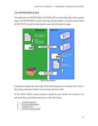 PRACTICAL TRAINING – I: “AMIZONER”, ANDROID APPLICATION
6
2.3.1 HTTPS POST & GET
The application uses HTTPS POST and HTTPS GET to extract html code of the required
pages. The HTTPS POST is used for the login into the student’s Amizone account while
the HTTP GET is used for retrieving the source code from specific pages.
Using these methods, the html codes of the following pages are retrieved: My Courses,
My Faculty, Attendance Details of each Course and Time Table.
In the HTTPs POST, certain parameters should be sent. Besides the username and
password, there were hidden parameters as well. Them being:
 __EVENTTARGET
 __EVENTARGUMENT
 __VIEWSTATE
 __EVENTVALIDATION
FIG 2-1 HTTP POST
 