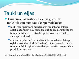 Tauki un eļļas 
Tauki un eļļas sastāv no vienas glicerīna 
molekulas un trim taukskābju molekulām: 
tauki satur pārsvarā piesātinātās taukskābes (starp 
oglekļa atomiem nav dubultsaišu), tāpēc parasti istabas 
temperatūrā ir cieti; atrodas galvenokārt dzīvnieku 
valsts produktos), 
eļļas satur pārsvarā nepiesātinātās taukskābes (starp 
oglekļa atomiem ir dubultsaites), tāpēc parasti istabas 
temperatūrā ir šķidras; atrodas galvenokārt augu valsts 
produktos un zivīs. 
http://www.dzm.lu.lv/kim/IT/K_12/default.aspx@tabid=21&id=310.html 
 