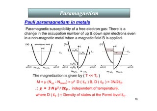 19
Paramagnetism
Pauli paramagnetism in metals
Paramagnetic susceptibility of a free electron gas: There is a
change in the occupation number of up  down spin electrons even
in a non-magnetic metal when a magnetic field B is applied.
The magnetization is given by ( T  TF )
M = µ (Nup - Ndown) = µ2 D ( εF ) B, D ( εF ) = 3N/2εF.
∴
∴
∴
∴ χ = 3 N µ2 / 2εF , independent of temperature,
where D ( εF ) = Density of states at the Fermi level εF.
 