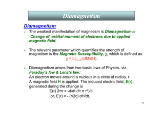 4
Diamagnetism
 The weakest manifestation of magnetism is Diamagnetism⇒
⇒
⇒
⇒
Change of orbital moment of electrons due to applied
magnetic field.
 The relevant parameter which quantifies the strength of
magnetism is the Magnetic Susceptibility, χ
χ
χ
χ, which is defined as
χ = LtH→0 (dM/dH).
 Diamagnetism arises from two basic laws of Physics, viz.,
Faraday’s law  Lenz’s law:
An electron moves around a nucleus in a circle of radius, r.
A magnetic field H is applied. The induced electric field, E(r),
generated during the change is
E(r) 2πr = -d/dt (H π r2)/c
or, E(r) = - (r/2c) dH/dt.
Diamagnetism
 
