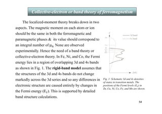 54
Collective-electron or band theory of ferromagnetism
The localized-moment theory breaks down in two
aspects. The magnetic moment on each atom or ion
should be the same in both the ferromagnetic and
paramagnetic phases  its value should correspond to
an integral number of µB. None are observed
experimentally. Hence the need of a band theory or
collective-electron theory. In Fe, Ni, and Co, the Fermi
energy lies in a region of overlapping 3d and 4s bands
as shown in Fig. 1. The rigid-band model assumes that
the structures of the 3d and 4s bands do not change
markedly across the 3d series and so any differences in
electronic structure are caused entirely by changes in
the Fermi energy (EF). This is supported by detailed
band structure calculations.
Fig. 1: Schematic 3d and 4s densities
of states in transition metals. The
positions of the Fermi levels (EF) in
Zn, Cu, Ni, Co, Fe, and Mn are shown.
 