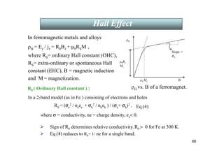 66
ρH = Ey / jx = R0Bz + µ0RSM ,
where R0= ordinary Hall constant (OHC),
RS= extra-ordinary or spontaneous Hall
constant (EHC), B = magnetic induction
and M = magnetization.
In ferromagnetic metals and alloys
µ0 Ms
µ0Rs
Ms
Slope =
R0
B
ρH
ρH vs. B of a ferromagnet.
Hall Effect
R0 ( Ordinary Hall constant ) :
In a 2-band model (as in Fe ) consisting of electrons and holes
R0 = (σe
2 / neee + σh
2 / nheh ) / (σe+ σh)2 ,
where σ = conductivity, ne = charge density, ee 0.
 Sign of R0 determines relative conductivity.R0  0 for Fe at 300 K.
 Eq.(4) reduces to R0= 1/ ne for a single band.
Eq.(4)
 