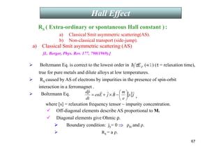 67
RS ( Extra-ordinary or spontaneous Hall constant ) :
a) Classical Smit asymmetric scattering(AS).
b) Non-classical transport (side-jump).
 Boltzmann Eq. is correct to the lowest order in («1) (τ = relaxation time),
true for pure metals and dilute alloys at low temperatures.
 RS caused by AS of electrons by impurities in the presence of spin-orbit
interaction in a ferromagnet .
 Boltzmann Eq.
a) Classical Smit asymmetric scattering (AS)
,
where [s] = relaxation frequency tensor ~ impurity concentration.
 Off-diagonal elements describe AS proportional to M.
 Diagonal elements give Ohmic ρ.
 Boundary condition: jy= 0 ⇒
⇒
⇒
⇒ ρH and ρ.
 RS = a ρ.
[L. Berger, Phys. Rev. 177, 790(1969).]
F
E
τ
h
[ ]j
s
e
m
B
j
E
en
dt
p
d r
r
r
r
r






−
×
+
=
Introduction (theory)
Hall Effect
 