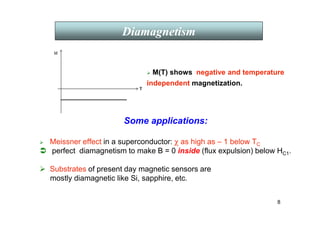 8
Some applications:
 Meissner effect in a superconductor: χ as high as – 1 below TC
 perfect diamagnetism to make B = 0 inside (flux expulsion) below HC1.
 Substrates of present day magnetic sensors are
mostly diamagnetic like Si, sapphire, etc.
Diamagnetism
 M(T) shows negative and temperature
independent magnetization.
 