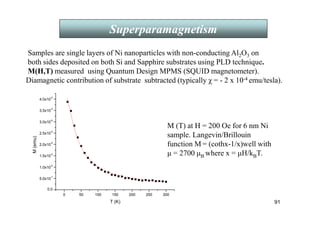 91
Superparamagnetism
0 50 100 150 200 250 300
0.0
5.0x10
-7
1.0x10
-6
1.5x10
-6
2.0x10
-6
2.5x10
-6
3.0x10
-6
3.5x10
-6
4.0x10
-6
M
(emu)
T (K)
M (T) at H = 200 Oe for 6 nm Ni
sample. Langevin/Brillouin
function M = (cothx-1/x)well with
µ = 2700 µB where x = µH/kBT.
Samples are single layers of Ni nanoparticles with non-conducting Al2O3 on
both sides deposited on both Si and Sapphire substrates using PLD technique.
M(H,T) measured using Quantum Design MPMS (SQUID magnetometer).
Diamagnetic contribution of substrate subtracted (typically χ = - 2 x 10-4 emu/tesla).
 
