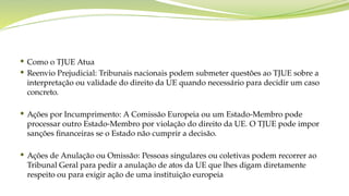  Como o TJUE Atua
 Reenvio Prejudicial: Tribunais nacionais podem submeter questões ao TJUE sobre a
interpretação ou validade do direito da UE quando necessário para decidir um caso
concreto.
 Ações por Incumprimento: A Comissão Europeia ou um Estado-Membro pode
processar outro Estado-Membro por violação do direito da UE. O TJUE pode impor
sanções financeiras se o Estado não cumprir a decisão.
 Ações de Anulação ou Omissão: Pessoas singulares ou coletivas podem recorrer ao
Tribunal Geral para pedir a anulação de atos da UE que lhes digam diretamente
respeito ou para exigir ação de uma instituição europeia
 