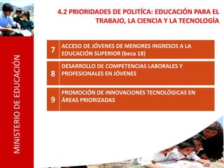 4.2 PRIORIDADES DE POLITÍCA: EDUCACIÓN PARA EL
                                         TRABAJO, LA CIENCIA Y LA TECNOLOGÍA


                               ACCESO DE JÓVENES DE MENORES INGRESOS A LA
                          7    EDUCACIÓN SUPERIOR (beca 18)
MINISTERIO DE EDUCACIÓN




                               DESARROLLO DE COMPETENCIAS LABORALES Y
                          8    PROFESIONALES EN JÓVENES


                               PROMOCIÓN DE INNOVACIONES TECNOLÓGICAS EN
                          9    ÁREAS PRIORIZADAS




                                                                            29
 