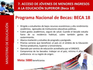 7. ACCESO DE JÓVENES DE MENORES INGRESOS
                           A LA EDUCACIÓN SUPERIOR (Beca 18)

                          Programa Nacional de Becas: BECA 18
MINISTERIO DE EDUCACIÓN




                          • Dirigido a estudiantes de bajos recursos económicos y alto rendimiento
                            académico, egresados de instituciones educativas públicas.
                          • Cubre gastos académicos, seguro de salud. Cuando el becado estudia
                            fuera de su residencia habitual, cubre también gastos de
                            sostenimiento.
                          • Abarca nivelación y estudios de pregrado y postgrado.
                          • Prioriza carreras que beneficien al país en el ámbito de la Educación
                            Técnico-productiva, Superior y Universitaria.
                          • Operado por centros de educación acreditados por el SINEACE.
                          • Compromiso de los becados: trabajar en el país, mínimo 4 años y de
                            preferencia en su región de origen.

                          Meta: 5000 beneficiarios
                                                                                               30
 