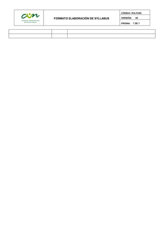 FORMATO ELABORACIÓN DE SYLLABUS
CÓDIGO: IPA-FO09
VERSIÓN: 00
PÁGINA: 7 DE 7
 