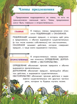 Члены предложения
Предложение подразделяется на члены, то есть на
грамматически значимые части. Члены предложения
могут быть главными и второстепенными.
ГЛАВНЫЕ
ВТОРОСТЕПЕННЫЕ
ПОДЛЕЖАЩЕЕ называет предмет, о котором идёт речь
в предложении, и обычно выражается существительным
(в том числе именем собственным) или местоимением.
СКАЗУЕМОЕ называет действие, которое совершает
предмет, и чаще всего выражается глаголом.
К главным членам предложения отно-
сятся ПОДЛЕЖАЩЕЕ и СКАЗУЕМОЕ.
ОПРЕДЕЛЕНИЕ обозначает признак предмета и обычно
выражается прилагательным.
ДОПОЛНЕНИЕ обозначает предмет, являющийся объек-
том действия, и выражается существительным.
ОБСТОЯТЕЛЬСТВО обозначает признак действия и выра-
жается существительным или другими частями
речи, которые ты будешь изучать позже.
К второстепенным членам предложе-
ния относятся ОПРЕДЕЛЕНИЕ, ДОПОЛ-
НЕНИЕ и ОБСТОЯТЕЛЬСТВО.
106
 