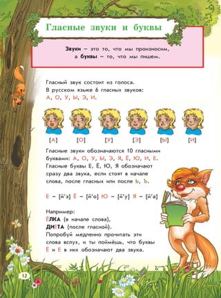 Гласные звуки и буквы
Гласный звук состоит из голоса.
В русском языке 6 гласных звуков:
А, О, У, Ы, Э, И.
Гласные звуки обозначаются 10 гласными
буквами: А, О, У, Ы, Э, Я, Ё, Ю, И, Е.
Гласные буквы Е, Ё, Ю, Я обозначают
сразу два звука, если стоят в начале
слова, после гласных или после Ь, Ъ.
Е – [й‘э] Ё – [й‘о] Ю – [й‘у] Я – [й‘а]
Например:
ЁЛКА (в начале слова),
ДИЕТА (после гласной).
Попробуй медленно прочитать эти
слова вслух, и ты поймёшь, что буквы
Ё и Е в них обозначают два звука.
[А] [О] [У] [Э] [Ы] [И]
Звуки – это то, что мы произносим,
а буквы – то, что мы пишем.
12
 