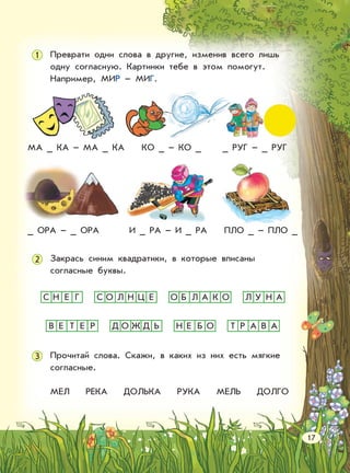 Преврати одни слова в другие, изменив всего лишь
одну согласную. Картинки тебе в этом помогут.
Например, МИР – МИГ.
Закрась синим квадратики, в которые вписаны
согласные буквы.
Прочитай слова. Скажи, в каких из них есть мягкие
согласные.
МЕЛ РЕКА ДОЛЬКА РУКА МЕЛЬ ДОЛГО
МА _ КА – МА _ КА КО _ – КО _ _ РУГ – _ РУГ
_ ОРА – _ ОРА И _ РА – И _ РА ПЛО _ – ПЛО _
1
2
3
С О Л Н Ц ЕС Н Е Г О Б Л А К О Л У Н А
Н Е Б О Т Р А В АД О Ж Д ЬВ Е Т Е Р
17
 