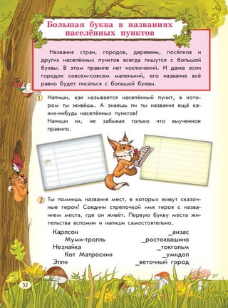 Большая буква в названиях
населённых пунктов
Названия стран, городов, деревень, посёлков и
других населённых пунктов всегда пишутся с большой
буквы. В этом правиле нет исключений. И даже если
городок совсем-совсем маленький, его название всё
равно будет писаться с большой буквы.
Напиши, как называется населённый пункт, в кото-
ром ты живёшь. А знаешь ли ты названия ещё ка-
ких-нибудь населённых пунктов?
Напиши их, не забывая только что выученное
правило.
Ты помнишь названия мест, в которых живут сказоч-
ные герои? Соедини стрелочкой имя героя с назва-
нием места, где он живёт. Первую букву места жи-
тельства вспомни и напиши самостоятельно.
Карлсон
Муми-тролль
Незнайка
Кот Матроскин
Элли
_анзас
_ростоквашино
_токгольм
_умидол
_веточный город
32
1
2
 