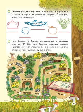 Сначала раскрась картинки, в названиях которых есть
правило, которое ты только что выучил. Потом рас-
крась все остальные.
1
Чем больше ты будешь тренироваться в написании
слов на ЧА–ЩА, тем быстрее выучишь правило.
Проложи путь от Мышуни до дневника с пятёрками,
вписывая пропущенные буквы в слова.
2
РОЩ
ЗАДАЧ
ПИЩ
СВЕЧ
СЧ
СТЬЕ
Ч
Й
Ч
СЫ
КАЛАНЧ
Ч
ЙКА
37
 