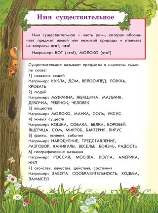 Имя существительное
Имя существительное – часть речи, которая обозна-
чает предмет живой или неживой природы и отвечает
на вопросы кто?, что?
Например: КОТ (кто?), МОЛОКО (что?)
Существительное называет предметы в широком смыс-
ле слова:
1) названия вещей
Например: КУКЛА, ДОМ, ВЕЛОСИПЕД, ЛОЖКА,
КРОВАТЬ
2) людей
Например: МУЖЧИНА, ЖЕНЩИНА, МАЛЬЧИК,
ДЕВОЧКА, РЕБЁНОК, ЧЕЛОВЕК
3) вещества
Например: МОЛОКО, МАНКА, СОЛЬ, УКСУС
4) живых существ
Например: КОШКА, СОБАКА, БЕЛКА, ВОРОБЕЙ,
ЯЩЕРИЦА, СОМ, МИКРОБ, БАКТЕРИЯ, ВИРУС
5) факты, явления, события
Например: НАВОДНЕНИЕ, ПРЕДСТАВЛЕНИЕ,
РАЗГОВОР, КАНИКУЛЫ, ВЕСЕЛЬЕ, БОЯЗНЬ, РАДОСТЬ
6) географические названия
Например: РОССИЯ, МОСКВА, ВОЛГА, АМЕРИКА,
НИЛ
7) свойства, качества, действия, состояния
Например: ЗАБОТА, СООБРАЗИТЕЛЬНОСТЬ, ХОДЬБА,
ЗАМЫСЕЛ
58
 
