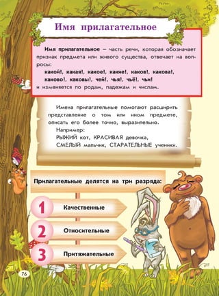 Имя прилагательное
Имя прилагательное – часть речи, которая обозначает
признак предмета или живого существа, отвечает на воп-
росы:
какой?, какая?, какое?, какие?, каков?, какова?,
каково?, каковы?, чей?, чья?, чьё?, чьи?
и изменяется по родам, падежам и числам.
Имена прилагательные помогают расширить
представление о том или ином предмете,
описать его более точно, выразительно.
Например:
РЫЖИЙ кот, КРАСИВАЯ девочка,
СМЕЛЫЙ мальчик, СТАРАТЕЛЬНЫЕ ученики.
Качественные
Прилагательные делятся на три разряда:
1
2
3
Относительные
Притяжательные
76
 