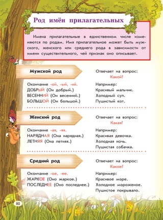 Род имён прилагательных
Имена прилагательные в единственном числе изме-
няются по родам. Имя прилагательное может быть муж-
ского, женского или среднего рода в зависимости от
имени существительного, чей признак оно описывает.
Мужской род
Женский род
Средний род
Отвечает на вопрос:
Какой?
Окончание -ой, -ый, -ий.
ДОБРЫЙ (Он добрый.)
ВЕСЕННИЙ (Он весенний.)
БОЛЬШОЙ (Он большой.)
Например:
Красивый мальчик.
Холодный суп.
Пушистый кот.
Окончание -ая, -яя.
НАРЯДНАЯ (Она нарядная.)
ЛЕТНЯЯ (Она летняя.)
Например:
Красивая девочка.
Холодная ночь.
Пушистая собачка.
Окончание -oe, -ee.
ЖАРКОЕ (Оно жаркое.)
ПОСЛЕДНЕЕ (Оно последнее.)
Например:
Красивое море.
Холодное мороженое.
Пушистое покрывало.
Отвечает на вопрос:
Какая?
Отвечает на вопрос:
Какое?
80
 