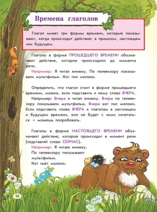 Времена глаголов
Глагол имеет три формы времени, которые показы-
вают, когда происходит действие: в прошлом, настоящем
или будущем.
Глаголы в форме ПРОШЕДШЕГО ВРЕМЕНИ обозна-
чают действие, которое происходило до момента
речи.
Например: Я читал книжку. По телевизору показы-
вали мультфильм. Кот пил молоко.
Определить, что глагол стоит в форме прошедшего
времени, можно, если подставить к нему слово ВЧЕРА.
Например: Вчера я читал книжку. Вчера по телеви-
зору показывали мультфильм. Вчера кот пил молоко.
Если подставить слово ВЧЕРА к глаголам в настоящем
и будущем времени, оно не будет с ними сочетать-
ся – можешь попробовать.
Глаголы в форме НАСТОЯЩЕГО ВРЕМЕНИ обоз-
начают действие, которое происходит в момент речи
(подставляй слово СЕЙЧАС).
Например: Я читаю книжку.
По телевизору показывают
мультфильм.
Кот пьёт молоко.
90
 