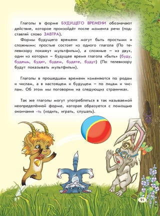 Глаголы в форме БУДУЩЕГО ВРЕМЕНИ обозначают
действие, которое произойдёт после момента речи (под-
ставляй слово ЗАВТРА).
Формы будущего времени могут быть простыми и
сложными: простые состоят из одного глагола (По те-
левизору покажут мультфильм), а сложные – из двух,
один из которых – будущее время глагола «быть» (буду,
будешь, будет, будем, будете, будут) (По телевизору
будут показывать мультфильм).
Глаголы в прошедшем времени изменяются по родам
и числам, а в настоящем и будущем – по лицам и чис-
лам. Об этом мы поговорим на следующих страничках.
Так же глаголы могут употребляться в так называемой
неопределённой форме, которая образуется с помощью
окончания -ть (ходить, играть, слушать).
91
 