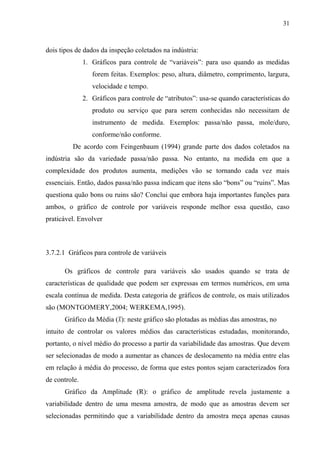 31
dois tipos de dados da inspeção coletados na indústria:
1. Gráficos para controle de “variáveis”: para uso quando as medidas
forem feitas. Exemplos: peso, altura, diâmetro, comprimento, largura,
velocidade e tempo.
2. Gráficos para controle de “atributos”: usa-se quando características do
produto ou serviço que para serem conhecidas não necessitam de
instrumento de medida. Exemplos: passa/não passa, mole/duro,
conforme/não conforme.
De acordo com Feingenbaum (1994) grande parte dos dados coletados na
indústria são da variedade passa/não passa. No entanto, na medida em que a
complexidade dos produtos aumenta, medições vão se tornando cada vez mais
essenciais. Então, dados passa/não passa indicam que itens são “bons” ou “ruins”. Mas
questiona quão bons ou ruins são? Conclui que embora haja importantes funções para
ambos, o gráfico de controle por variáveis responde melhor essa questão, caso
praticável. Envolver
3.7.2.1 Gráficos para controle de variáveis
Os gráficos de controle para variáveis são usados quando se trata de
características de qualidade que podem ser expressas em termos numéricos, em uma
escala contínua de medida. Desta categoria de gráficos de controle, os mais utilizados
são (MONTGOMERY,2004; WERKEMA,1995).
Gráfico da Média ( ): neste gráfico são plotadas as médias das amostras, no
intuito de controlar os valores médios das características estudadas, monitorando,
portanto, o nível médio do processo a partir da variabilidade das amostras. Que devem
ser selecionadas de modo a aumentar as chances de deslocamento na média entre elas
em relação à média do processo, de forma que estes pontos sejam caracterizados fora
de controle.
Gráfico da Amplitude (R): o gráfico de amplitude revela justamente a
variabilidade dentro de uma mesma amostra, de modo que as amostras devem ser
selecionadas permitindo que a variabilidade dentro da amostra meça apenas causas
 