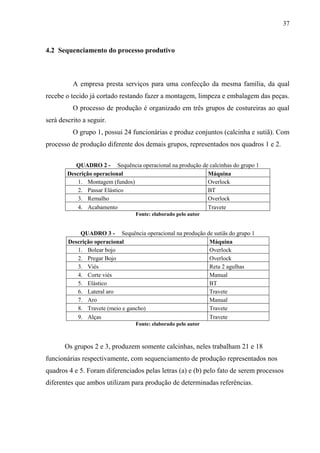 37
4.2 Sequenciamento do processo produtivo
A empresa presta serviços para uma confecção da mesma família, da qual
recebe o tecido já cortado restando fazer a montagem, limpeza e embalagem das peças.
O processo de produção é organizado em três grupos de costureiras ao qual
será descrito a seguir.
O grupo 1, possui 24 funcionárias e produz conjuntos (calcinha e sutiã). Com
processo de produção diferente dos demais grupos, representados nos quadros 1 e 2.
QUADRO 2 - Sequência operacional na produção de calcinhas do grupo 1
Descrição operacional Máquina
1. Montagem (fundos) Overlock
2. Passar Elástico BT
3. Remalho Overlock
4. Acabamento Travete
Fonte: elaborado pelo autor
QUADRO 3 - Sequência operacional na produção de sutiãs do grupo 1
Descrição operacional Máquina
1. Bolear bojo Overlock
2. Pregar Bojo Overlock
3. Viés Reta 2 agulhas
4. Corte viés Manual
5. Elástico BT
6. Lateral aro Travete
7. Aro Manual
8. Travete (meio e gancho) Travete
9. Alças Travete
Fonte: elaborado pelo autor
Os grupos 2 e 3, produzem somente calcinhas, neles trabalham 21 e 18
funcionárias respectivamente, com sequenciamento de produção representados nos
quadros 4 e 5. Foram diferenciados pelas letras (a) e (b) pelo fato de serem processos
diferentes que ambos utilizam para produção de determinadas referências.
 