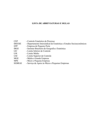 LISTA DE ABREVIATURAS E SIGLAS
CEP - Controle Estatístico de Processo
DIEESE - Departamento Intersindical de Estatística e Estudos Socioeconômicos
EPP - Empresa de Pequeno Porte
IBGE - Instituto Brasileiro de Geografia e Estatística
LIC - Limite Inferior de Controle
LM - Limite Médio
LSC - Limite Superior de Controle
MGE - Média e Grande Empresa
MPE - Micro e Pequena Empresa
SEBRAE - Serviço de Apoio às Micro e Pequenas Empresas
 