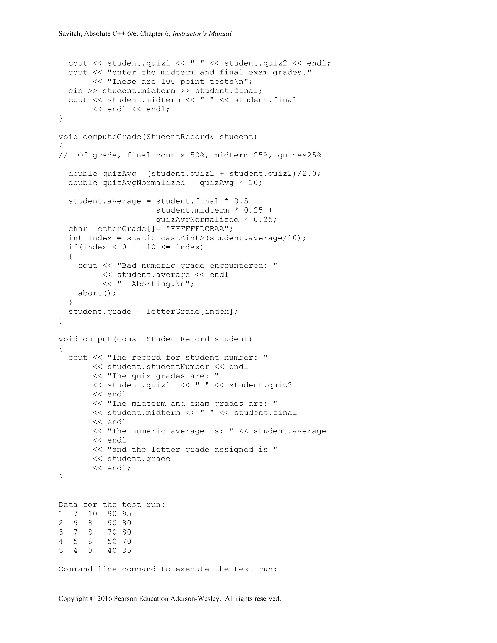 Savitch, Absolute C++ 6/e: Chapter 6, Instructor’s Manual
Copyright © 2016 Pearson Education Addison-Wesley. All rights reserved.
cout << student.quiz1 << " " << student.quiz2 << endl;
cout << "enter the midterm and final exam grades."
<< "These are 100 point testsn";
cin >> student.midterm >> student.final;
cout << student.midterm << " " << student.final
<< endl << endl;
}
void computeGrade(StudentRecord& student)
{
// Of grade, final counts 50%, midterm 25%, quizes25%
double quizAvg= (student.quiz1 + student.quiz2)/2.0;
double quizAvgNormalized = quizAvg * 10;
student.average = student.final * 0.5 +
student.midterm * 0.25 +
quizAvgNormalized * 0.25;
char letterGrade[]= "FFFFFFDCBAA";
int index = static_cast<int>(student.average/10);
if(index < 0 || 10 <= index)
{
cout << "Bad numeric grade encountered: "
<< student.average << endl
<< " Aborting.n";
abort();
}
student.grade = letterGrade[index];
}
void output(const StudentRecord student)
{
cout << "The record for student number: "
<< student.studentNumber << endl
<< "The quiz grades are: "
<< student.quiz1 << " " << student.quiz2
<< endl
<< "The midterm and exam grades are: "
<< student.midterm << " " << student.final
<< endl
<< "The numeric average is: " << student.average
<< endl
<< "and the letter grade assigned is "
<< student.grade
<< endl;
}
Data for the test run:
1 7 10 90 95
2 9 8 90 80
3 7 8 70 80
4 5 8 50 70
5 4 0 40 35
Command line command to execute the text run:
 