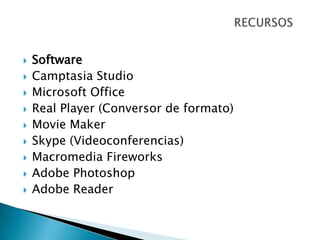 SoftwareCamptasia StudioMicrosoft OfficeReal Player (Conversor de formato)MovieMakerSkype (Videoconferencias)Macromedia FireworksAdobe PhotoshopAdobe ReaderRECURSOS