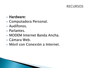 Hardware:Computadora Personal.Audífonos.Parlantes.MODEM Internet Banda Ancha.Cámara Web.Móvil con Conexión a Internet.RECURSOS