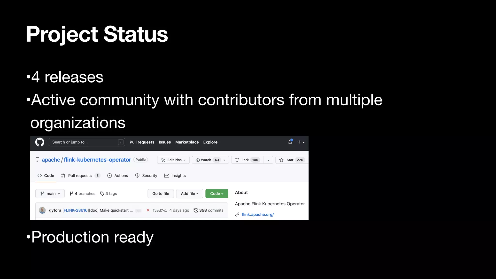 Project Status
•4 releases

•Active community with contributors from multiple
organizations 


•Production ready
 