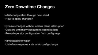 Zero Downtime Changes
Initial con
fi
guration through helm chart

•How to apply changes?

Dynamic changes without control plane interruption

•Clusters with many concurrent reconciliations

•Reload operator con
fi
guration from con
fi
g map

Namespaces to watch

•List of namespaces + dynamic con
fi
g change

 