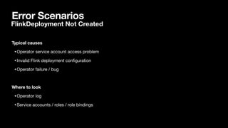 Error Scenarios
Typical causes
•Operator service account access problem

•Invalid Flink deployment con
fi
guration

•Operator failure / bug

Where to look
•Operator log

•Service accounts / roles / role bindings

FlinkDeployment Not Created
 
