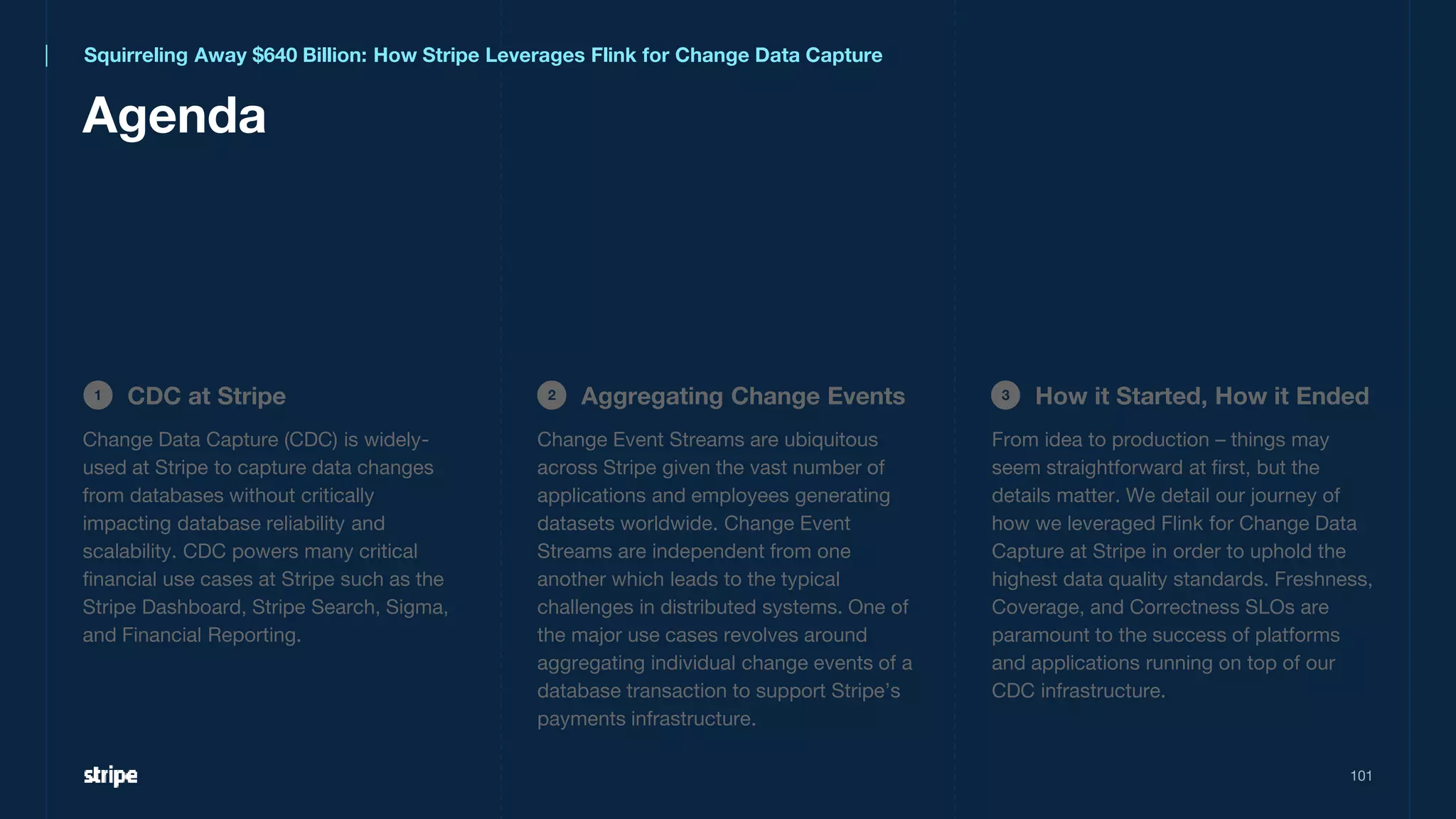 101
Agenda
CDC at Stripe
1 Aggregating Change Events
2 How it Started, How it Ended
3
Squirreling Away $640 Billion: How Stripe Leverages Flink for Change Data Capture
Change Data Capture (CDC) is widely-
used at Stripe to capture data changes
from databases without critically
impacting database reliability and
scalability. CDC powers many critical
financial use cases at Stripe such as the
Stripe Dashboard, Stripe Search, Sigma,
and Financial Reporting.
From idea to production – things may
seem straightforward at first, but the
details matter. We detail our journey of
how we leveraged Flink for Change Data
Capture at Stripe in order to uphold the
highest data quality standards. Freshness,
Coverage, and Correctness SLOs are
paramount to the success of platforms
and applications running on top of our
CDC infrastructure.
Change Event Streams are ubiquitous
across Stripe given the vast number of
applications and employees generating
datasets worldwide. Change Event
Streams are independent from one
another which leads to the typical
challenges in distributed systems. One of
the major use cases revolves around
aggregating individual change events of a
database transaction to support Stripe’s
payments infrastructure.
 