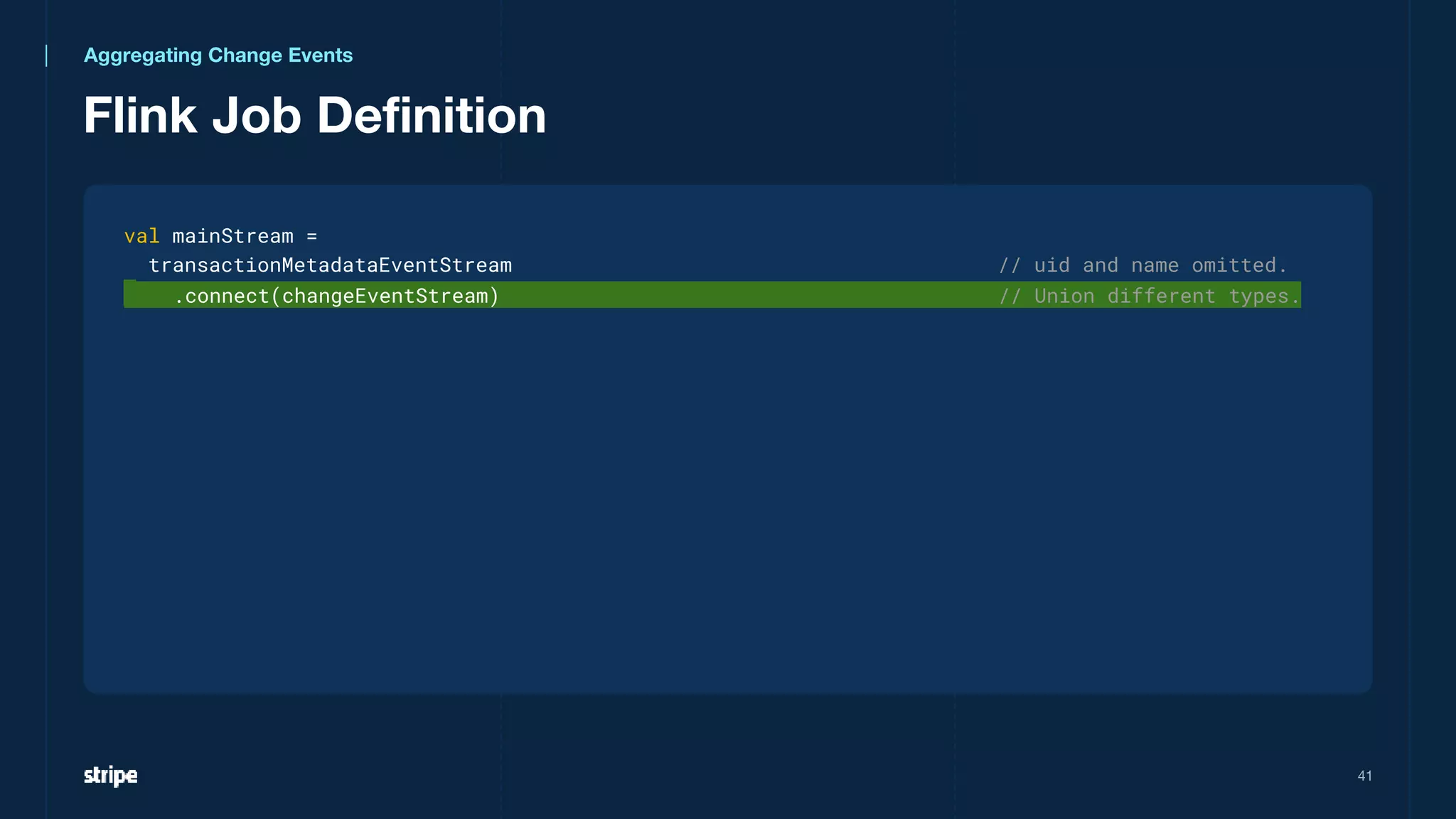 Flink Job Definition
41
val mainStream =
transactionMetadataEventStream // uid and name omitted.
.connect(changeEventStream) // Union different types.
Aggregating Change Events
 