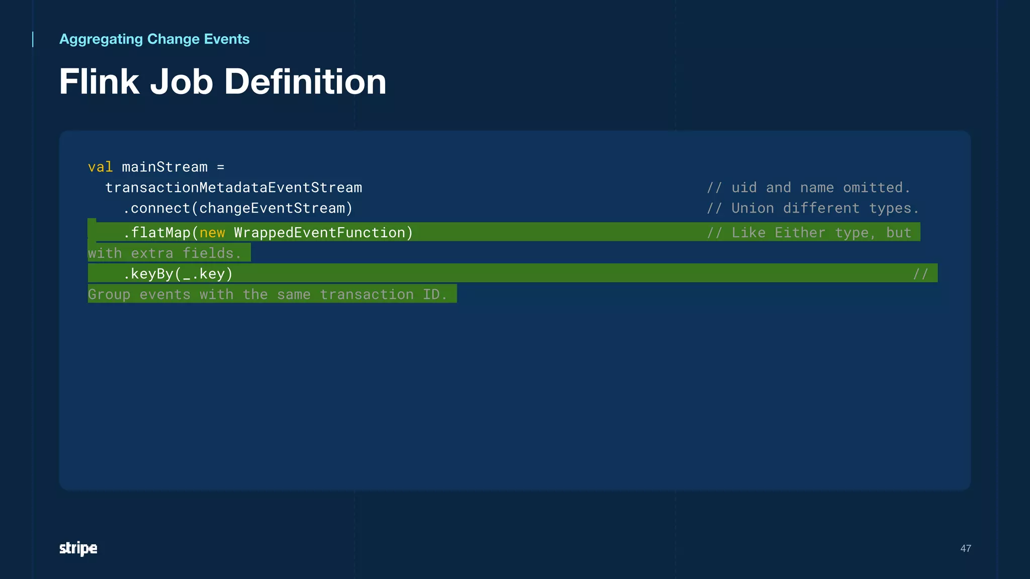 Flink Job Definition
47
val mainStream =
transactionMetadataEventStream // uid and name omitted.
.connect(changeEventStream) // Union different types.
.flatMap(new WrappedEventFunction) // Like Either type, but
with extra fields.
.keyBy(_.key) //
Group events with the same transaction ID.
Aggregating Change Events
 