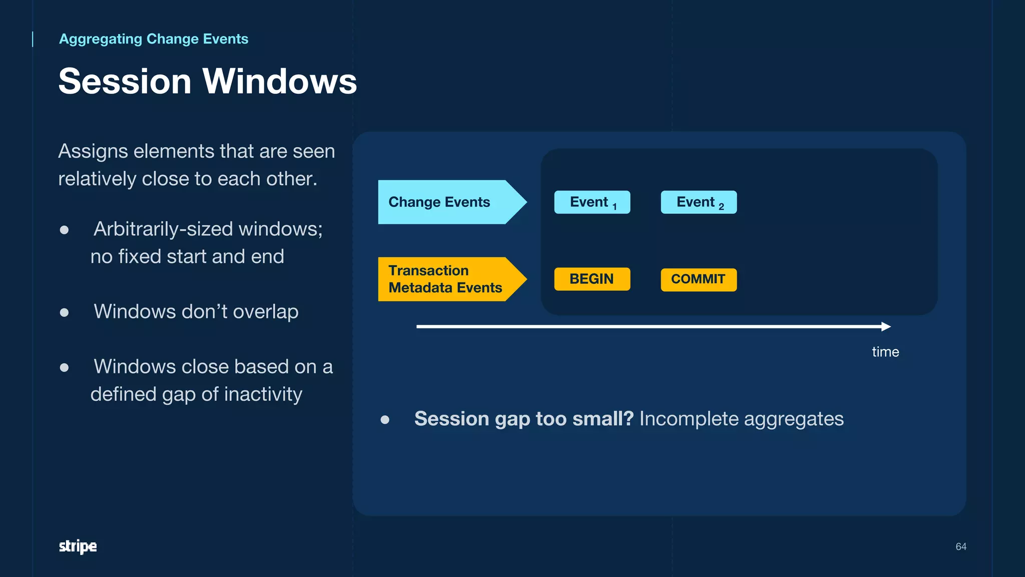 Session Windows
64
time
Change Events
Transaction
Metadata Events
Event 1
BEGIN COMMIT
Event 2
● Session gap too small? Incomplete aggregates
Assigns elements that are seen
relatively close to each other.
● Arbitrarily-sized windows;
no fixed start and end
● Windows don’t overlap
● Windows close based on a
defined gap of inactivity
Aggregating Change Events
 