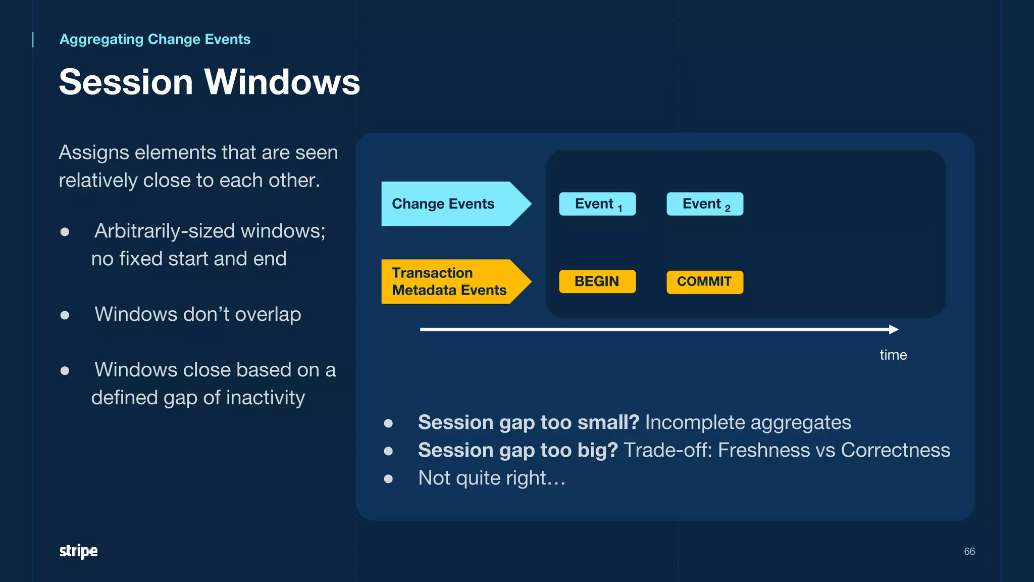 Session Windows
66
time
Change Events
Transaction
Metadata Events
Event 1
BEGIN COMMIT
Event 2
● Session gap too small? Incomplete aggregates
● Session gap too big? Trade-off: Freshness vs Correctness
● Not quite right…
Assigns elements that are seen
relatively close to each other.
● Arbitrarily-sized windows;
no fixed start and end
● Windows don’t overlap
● Windows close based on a
defined gap of inactivity
Aggregating Change Events
 