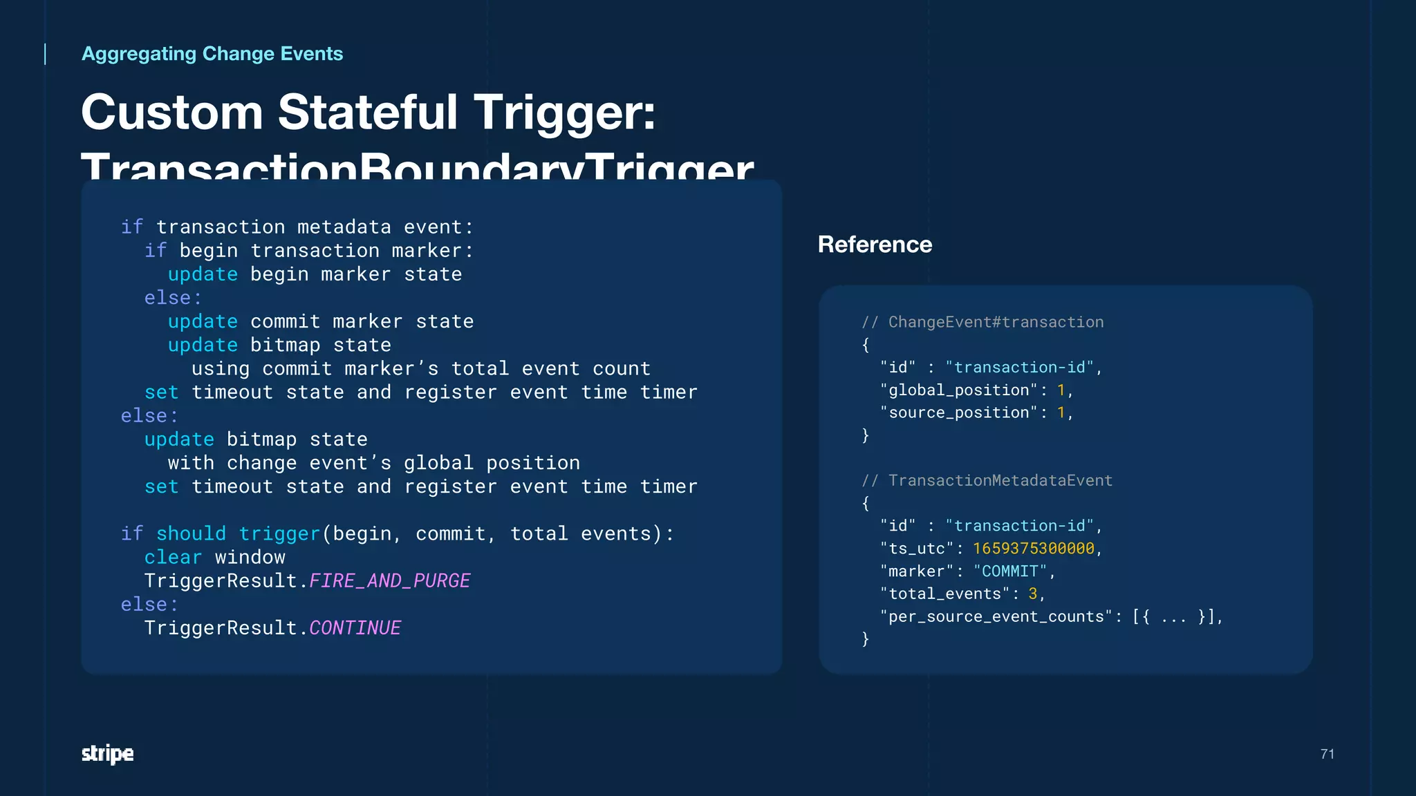 Custom Stateful Trigger:
TransactionBoundaryTrigger
71
if transaction metadata event:
if begin transaction marker:
update begin marker state
else:
update commit marker state
update bitmap state
using commit marker’s total event count
set timeout state and register event time timer
else:
update bitmap state
with change event’s global position
set timeout state and register event time timer
if should trigger(begin, commit, total events):
clear window
TriggerResult.FIRE_AND_PURGE
else:
TriggerResult.CONTINUE
Reference
Aggregating Change Events
// ChangeEvent#transaction
{
"id" : "transaction-id",
"global_position": 1,
"source_position": 1,
}
// TransactionMetadataEvent
{
"id" : "transaction-id",
"ts_utc": 1659375300000,
"marker": "COMMIT",
"total_events": 3,
"per_source_event_counts": [{ ... }],
}
 