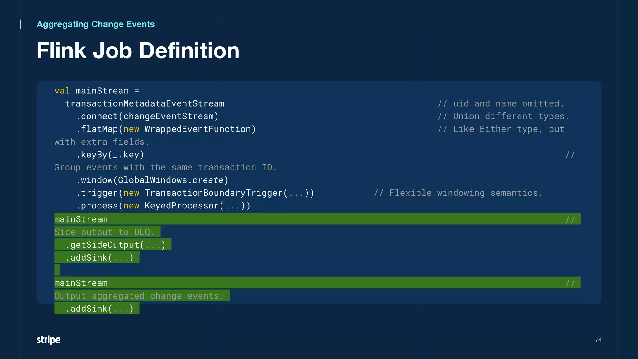 val mainStream =
transactionMetadataEventStream // uid and name omitted.
.connect(changeEventStream) // Union different types.
.flatMap(new WrappedEventFunction) // Like Either type, but
with extra fields.
.keyBy(_.key) //
Group events with the same transaction ID.
.window(GlobalWindows.create)
.trigger(new TransactionBoundaryTrigger(...)) // Flexible windowing semantics.
.process(new KeyedProcessor(...))
Flink Job Definition
74
mainStream //
Side output to DLQ.
.getSideOutput(...)
.addSink(...)
mainStream //
Output aggregated change events.
.addSink(...)
Aggregating Change Events
 