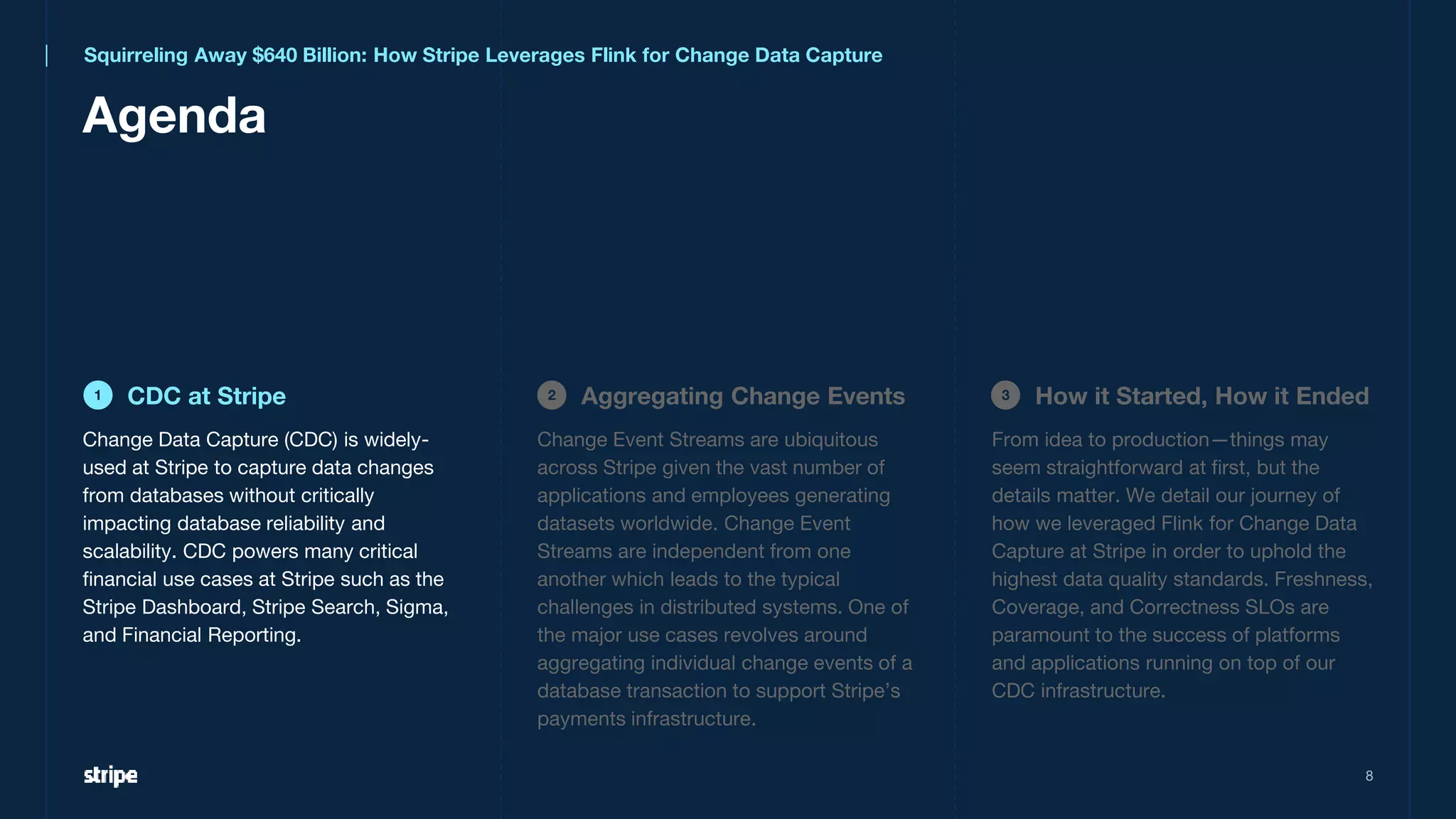 Change Data Capture (CDC) is widely-
used at Stripe to capture data changes
from databases without critically
impacting database reliability and
scalability. CDC powers many critical
financial use cases at Stripe such as the
Stripe Dashboard, Stripe Search, Sigma,
and Financial Reporting.
8
From idea to production—things may
seem straightforward at first, but the
details matter. We detail our journey of
how we leveraged Flink for Change Data
Capture at Stripe in order to uphold the
highest data quality standards. Freshness,
Coverage, and Correctness SLOs are
paramount to the success of platforms
and applications running on top of our
CDC infrastructure.
Change Event Streams are ubiquitous
across Stripe given the vast number of
applications and employees generating
datasets worldwide. Change Event
Streams are independent from one
another which leads to the typical
challenges in distributed systems. One of
the major use cases revolves around
aggregating individual change events of a
database transaction to support Stripe’s
payments infrastructure.
Agenda
CDC at Stripe
1 Aggregating Change Events
2 How it Started, How it Ended
3
Squirreling Away $640 Billion: How Stripe Leverages Flink for Change Data Capture
 