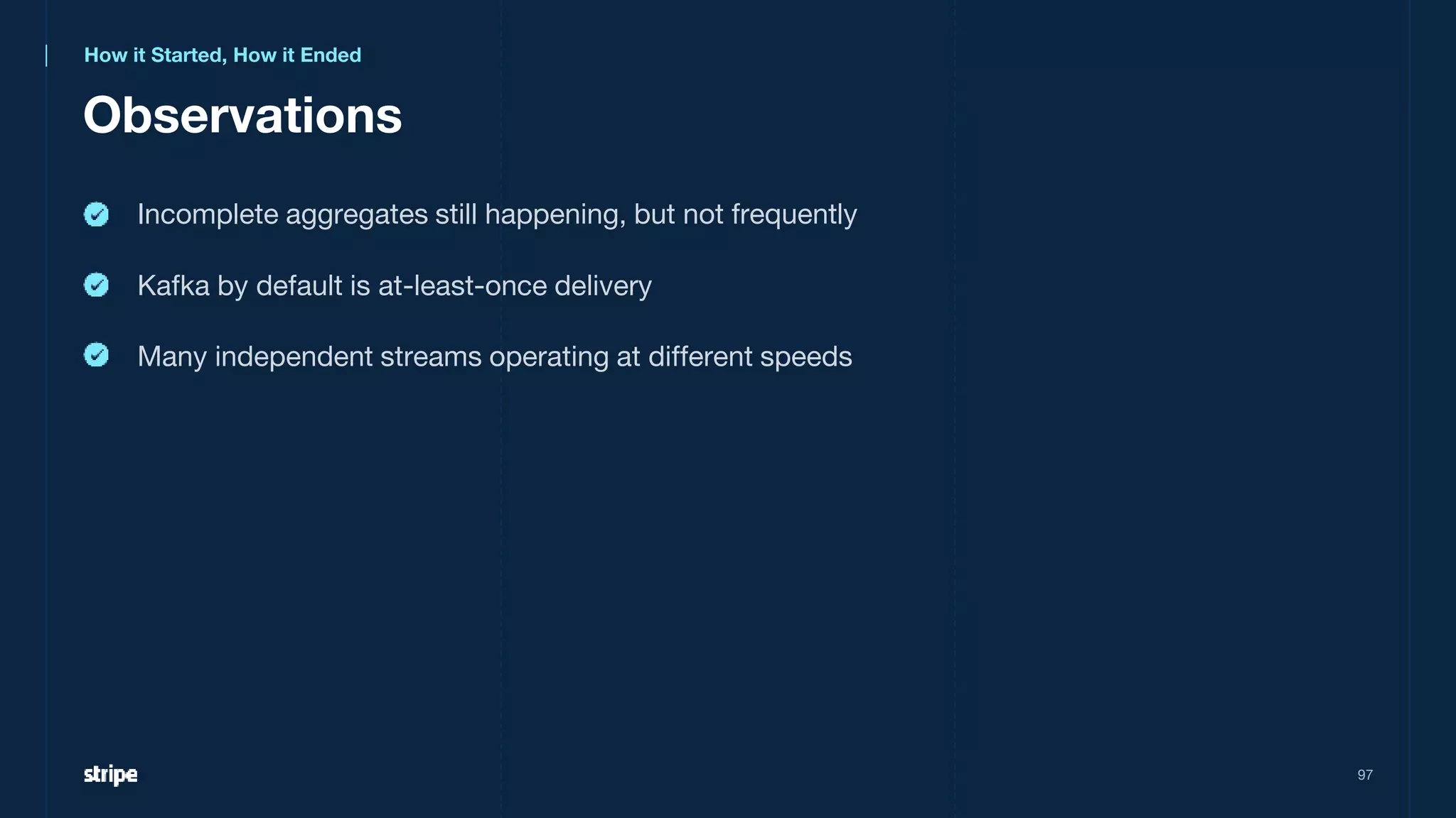Observations
Incomplete aggregates still happening, but not frequently
97
How it Started, How it Ended
Kafka by default is at-least-once delivery
Many independent streams operating at different speeds
 