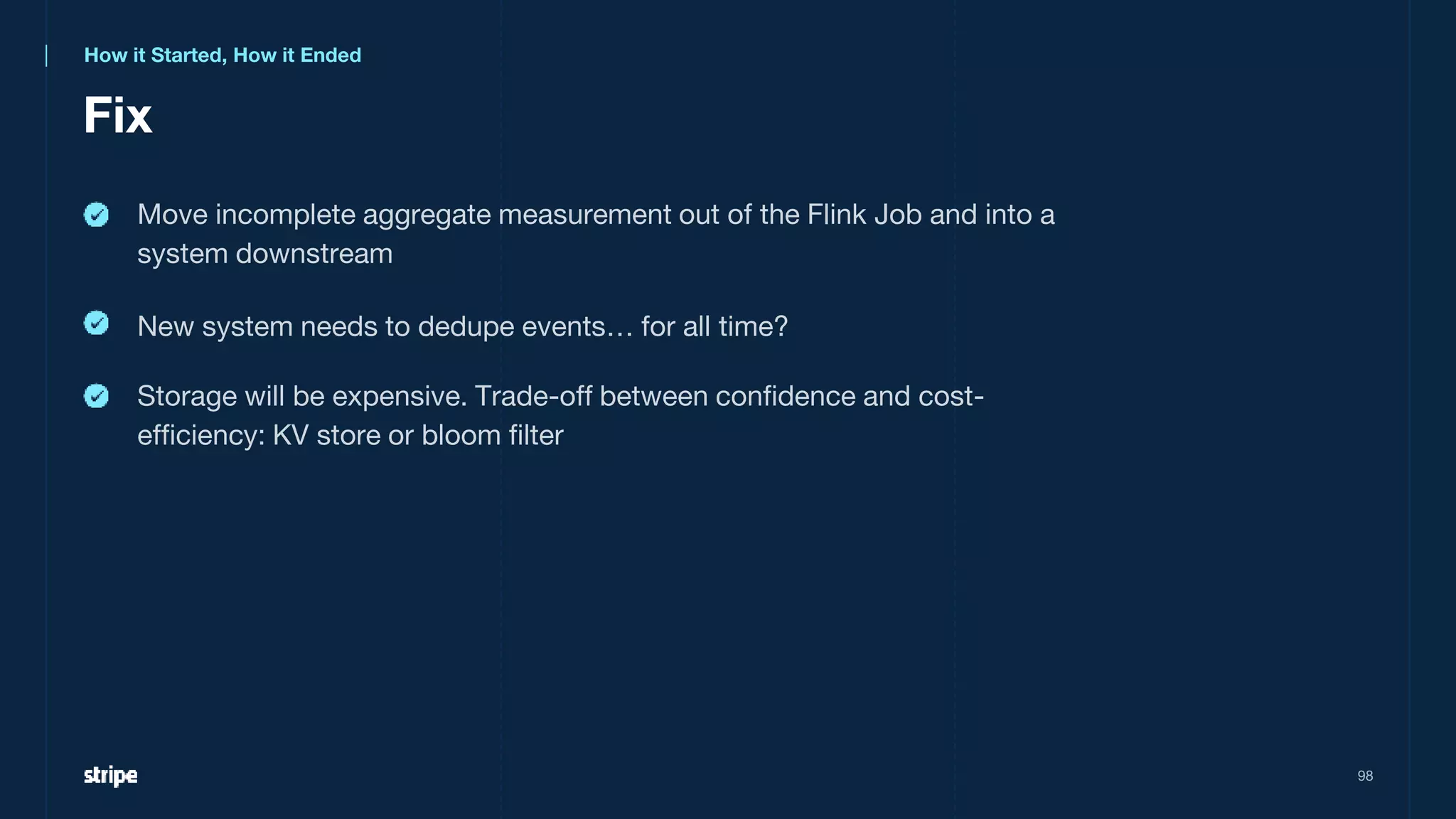 Storage will be expensive. Trade-off between confidence and cost-
efficiency: KV store or bloom filter
Move incomplete aggregate measurement out of the Flink Job and into a
system downstream
Fix
98
How it Started, How it Ended
New system needs to dedupe events… for all time?
 