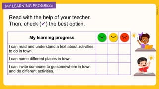 2025_AI_V1
MY LEARNING PROGRESS
Read with the help of your teacher.
Then, check (✔) the best option.
My learning progress
I can read and understand a text about activities
to do in town.
I can name different places in town.
I can invite someone to go somewhere in town
and do different activities.
 