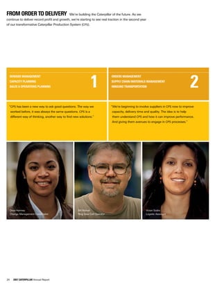 24 2007 CATERPILLAR Annual Report
Vivian Sodre
Logistic Assistant
Deya Hanney
Change Management Coordinator
Bill Marvel
Ring Gear Cell Operator
“We’re beginning to involve suppliers in CPS now to improve
capacity, delivery time and quality. The idea is to help
them understand CPS and how it can improve performance.
And giving them avenues to engage in CPS processes.”
“CPS has been a new way to ask good questions. The way we
worked before, it was always the same questions. CPS is a
different way of thinking, another way to find new solutions.”
Orders Management
Supply Chain/Materials Management
Inbound Transportation
Demand Management
Capacity Planning
Sales & Operations Planning
from order to delivery  We’re building the Caterpillar of the future. As we
continue to deliver record profit and growth, we’re starting to see real traction in the second year
of our transformative Caterpillar Production System (CPS).
	
 