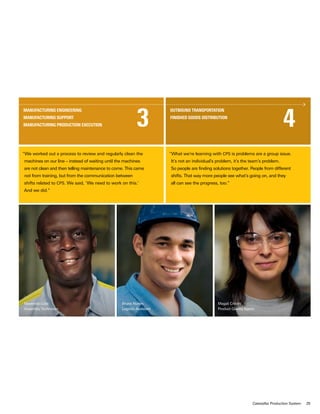 25
Bruno Nunes
Logistic Assistant
Mavembo Lola
Assembly Technician
Magali Cristini
Product Quality Agent
“What we’re learning with CPS is problems are a group issue.
It’s not an individual’s problem, it’s the team’s problem.
So people are finding solutions together. People from different
shifts. That way more people see what’s going on, and they
all can see the progress, too.”
“We worked out a process to review and regularly clean the
machines on our line – instead of waiting until the machines
are not clean and then telling maintenance to come. This came
not from training, but from the communication between
shifts related to CPS. We said, ’We need to work on this.’
And we did.”
Outbound Transportation
Finished Goods Distribution
Manufacturing Engineering
Manufacturing Support
Manufacturing Production Execution
Caterpillar Production System
 