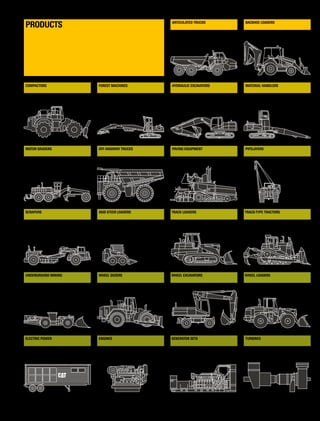 ®
®
®
®
® ® ®
articulated trucks
Paving equipment
Wheel Excavators
Hydraulic Excavators
Track Loaders
Generator Sets
Backhoe Loaders
Pipelayers
Wheel Loaders
Material Handlers
Track-type Tractors
Engines
Compactors
Scrapers
Electric Power
Motor Graders
Underground Mining
Forest MAchines
Skid Steer Loaders
Off-Highway trucks
Wheel Dozers
TURBINES
PRODUCTS Financing
locomotive  railcar reman componentsInsurance
Remanufacturing
Maintenance  Support
Solar Turbine Customer Services
Logistics
OEM Solutions
Rental
Track  way maintenance/
Railcar Rebuilding  Engineering
Training
services brands
 