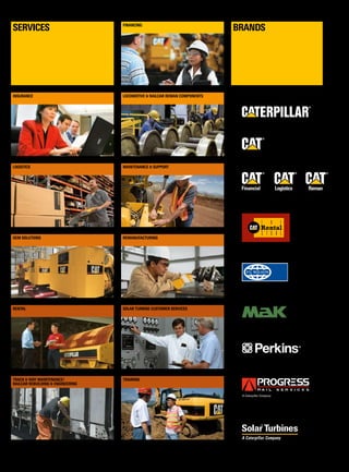 ®
®
®
®
® ® ®
articulated trucks
Paving equipment
Wheel Excavators
Hydraulic Excavators
Track Loaders
Generator Sets
Backhoe Loaders
Pipelayers
Wheel Loaders
Material Handlers
Track-type Tractors
Engines
Compactors
Scrapers
Electric Power
Motor Graders
Underground Mining
Forest MAchines
Skid Steer Loaders
Off-Highway trucks
Wheel Dozers
TURBINES
PRODUCTS Financing
locomotive  railcar reman componentsInsurance
Remanufacturing
Maintenance  Support
Solar Turbine Customer Services
Logistics
OEM Solutions
Rental
Track  way maintenance/
Railcar Rebuilding  Engineering
Training
services brands
 